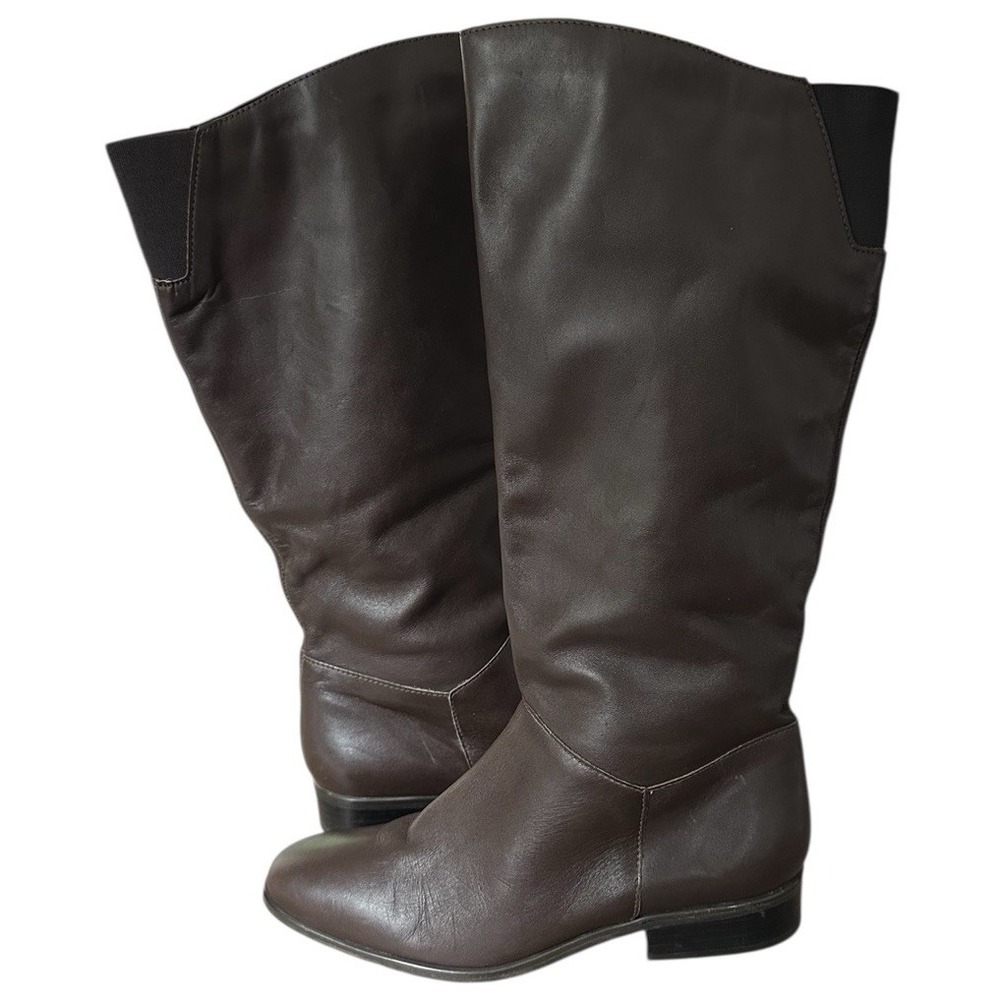 Hunt‎ Club Women's Leather Riding Boots 8.5 M Brown Pull On Knee High 1" Heel